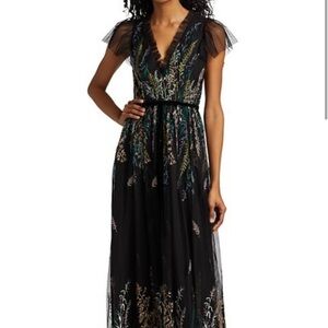 NWT Black Beaded Monique Lhullier Evening Gown Cap Sleeve Embellished Mesh Size4
